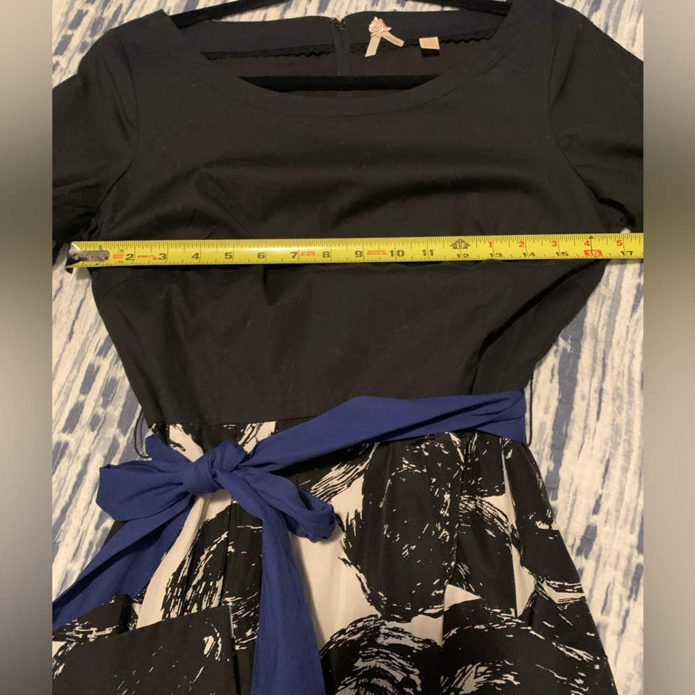 Maeve by Anthropologie Cocktail Dress Black / Creamy White / Royal Blue Sash Sz6 - Picture 7 of 11